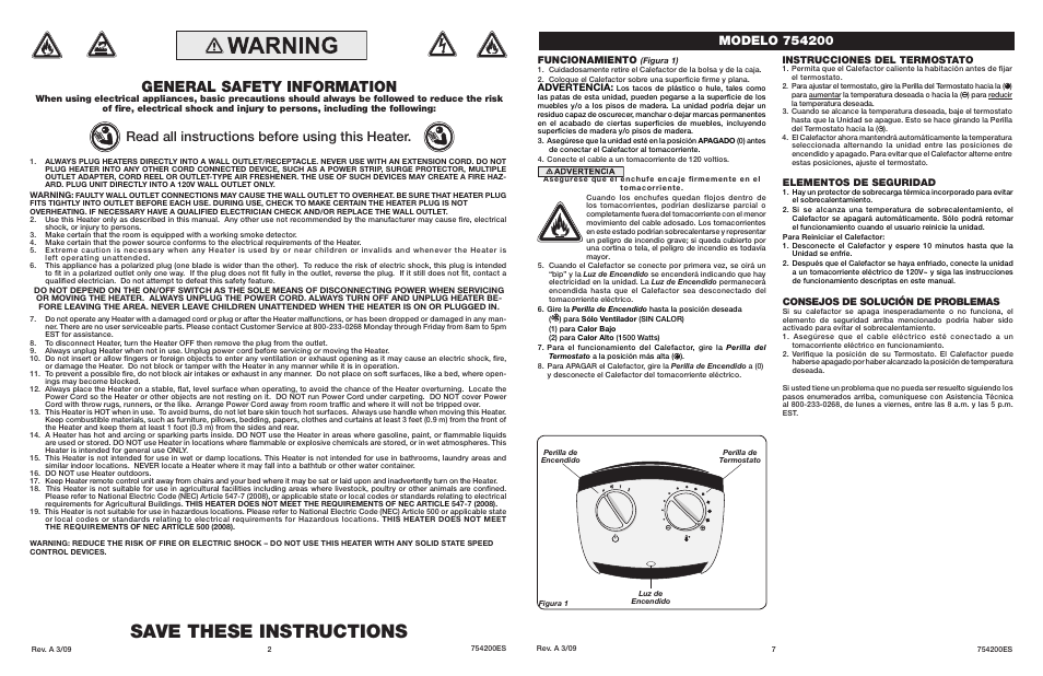 Save these instructions, General safety information, Read all instructions before using this heater | Funcionamiento, Advertencia, Elementos de seguridad, Consejos de solución de problemas, Instrucciones del termostato | Lasko 754200 User Manual | Page 2 / 4