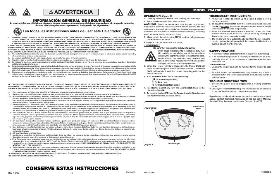 Conserve estas instrucciones, Operation, Thermostat instructions | Safety feature, Trouble shooting tips | Lasko 754200 User Manual | Page 3 / 4