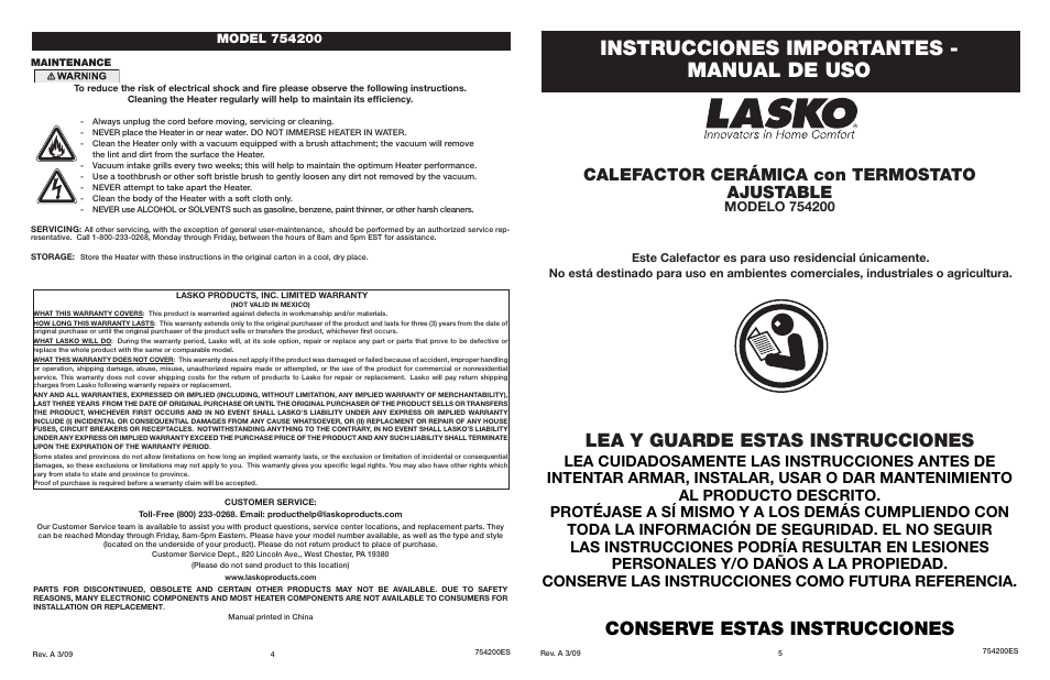 Instrucciones importantes - manual de uso, Lea y guarde estas instrucciones, Conserve estas instrucciones | Calefactor cerámica con termostato ajustable | Lasko 754200 User Manual | Page 4 / 4