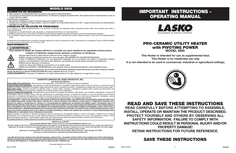 Lasko 5905 User Manual | 4 pages