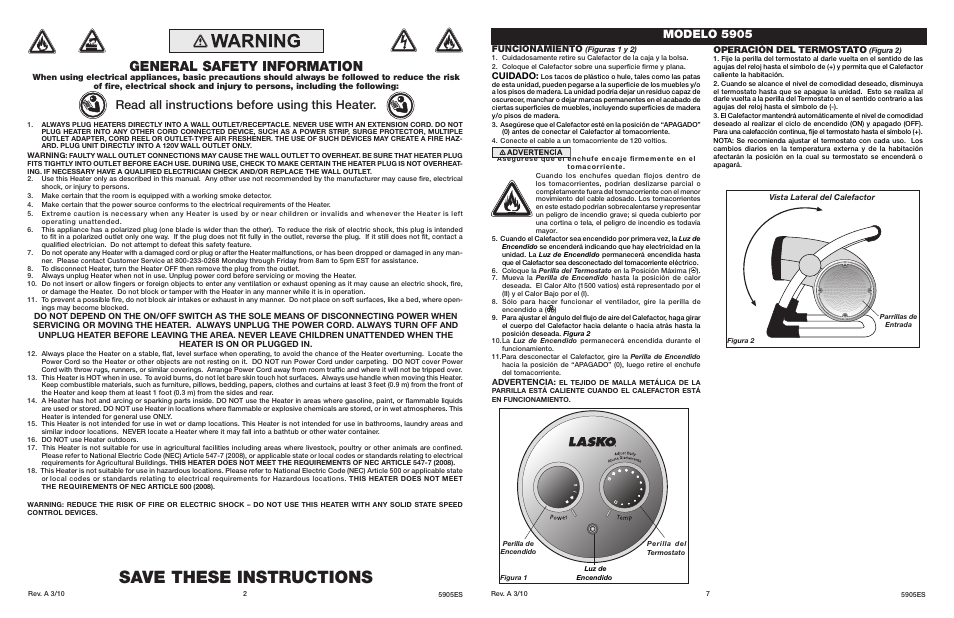 Save these instructions, General safety information, Read all instructions before using this heater | Modelo 5905, Funcionamiento, Cuidado, Operación del termostato | Lasko 5905 User Manual | Page 2 / 4