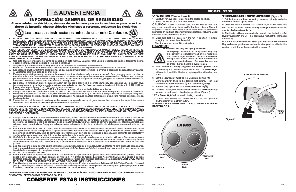 Conserve estas instrucciones, Información general de seguridad, Model 5905 | Operation, Caution, Thermostat instructions | Lasko 5905 User Manual | Page 3 / 4