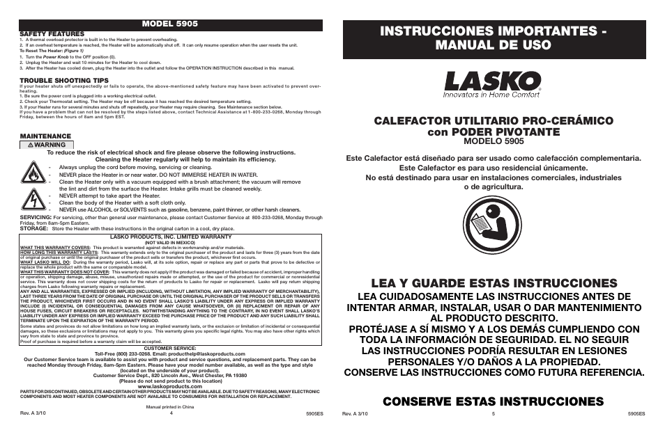 Instrucciones importantes - manual de uso, Lea y guarde estas instrucciones, Conserve estas instrucciones | Modelo 5905, Model 5905 | Lasko 5905 User Manual | Page 4 / 4