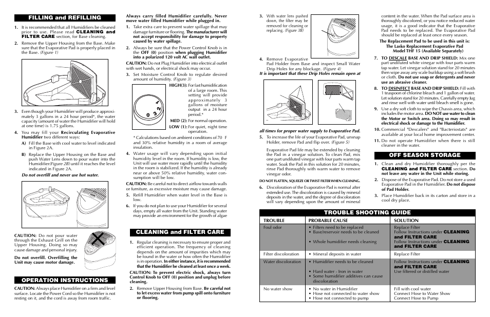 Off season storage, Operation instructions, Cleaning and filter care | Filling and refilling, Trouble shooting guide | Lasko 1115 User Manual | Page 2 / 2