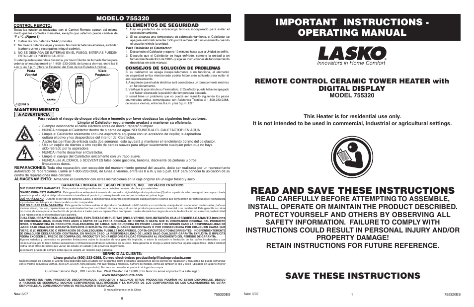 Lasko 755320 User Manual | 4 pages