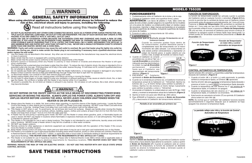 Save these instructions, General safety information, Read all instructions before using this heater | Funcionamiento | Lasko 755320 User Manual | Page 2 / 4