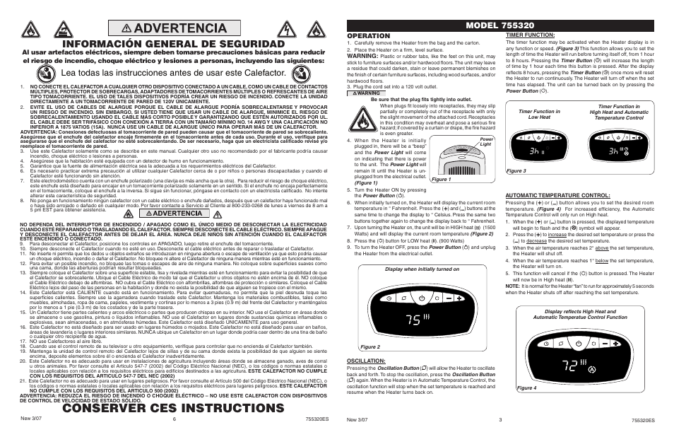 Conserver ces instructions, Información general de seguridad, Operation | Lasko 755320 User Manual | Page 3 / 4