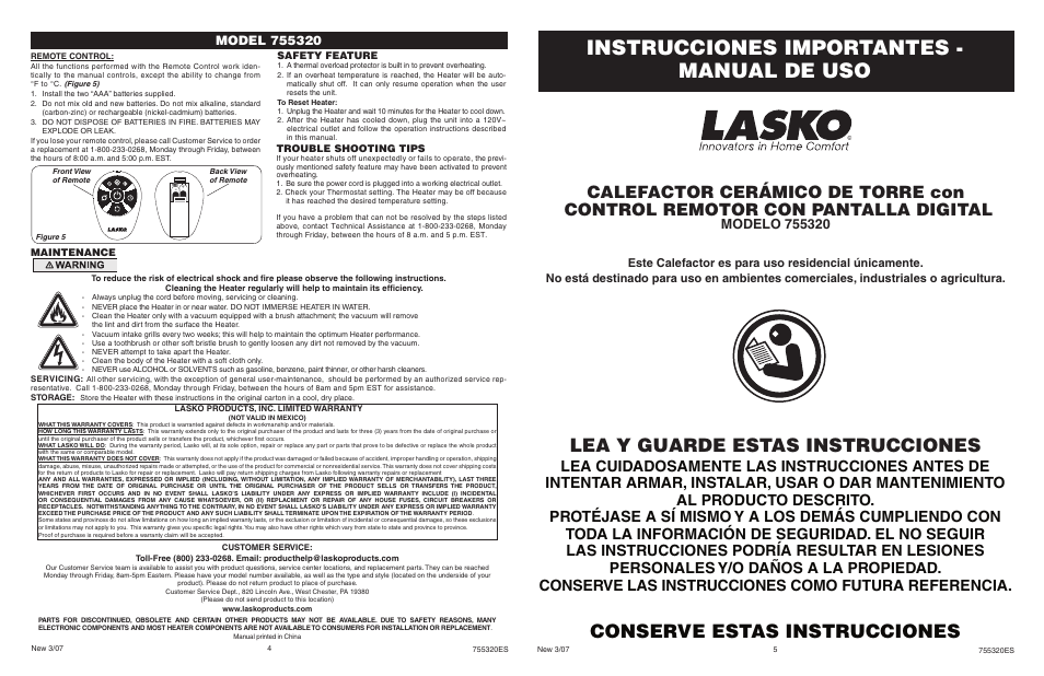 Instrucciones importantes - manual de uso, Lea y guarde estas instrucciones, Conserve estas instrucciones | Lasko 755320 User Manual | Page 4 / 4