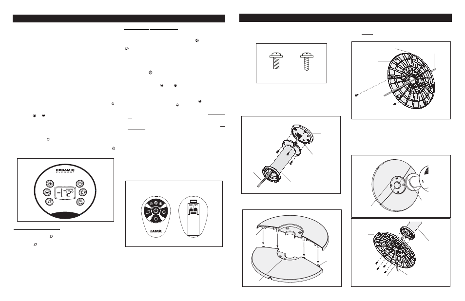 Modelo 5355, Model 5355, Assembly | Control remoto, Funcionamiento, Instrucciones del termostato, Función de oscilación, Función de temporización | Lasko 5355 User Manual | Page 3 / 6