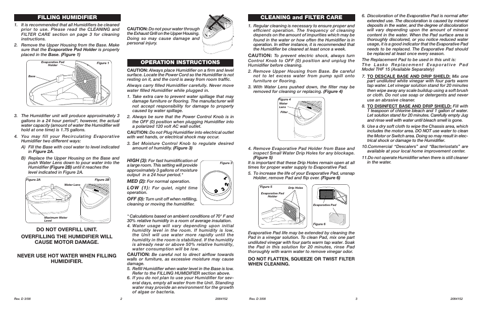 Cleaning and filter care, Operation instructions, Filling humidifier | Lasko EVAPORATIVE 1115 User Manual | Page 2 / 2