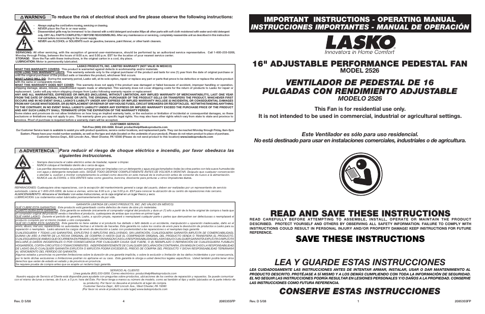 Lasko 2526 User Manual | 2 pages