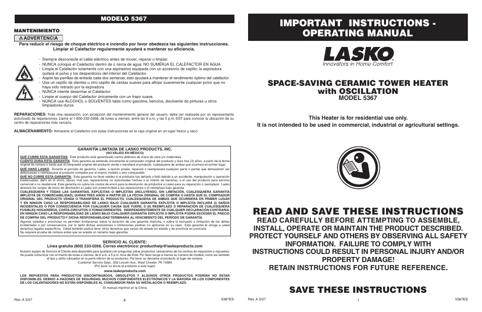 Lasko 5367 User Manual | 4 pages