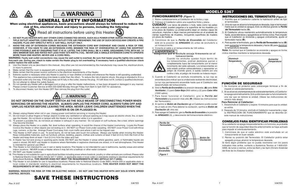 Save these instructions, General safety information, Read all instructions before using this heater | Modelo 5367, Consejos para identificar problemas, Funcionamiento, Cuidado, Instrucciones del termostato, Función de seguridad | Lasko 5367 User Manual | Page 2 / 4