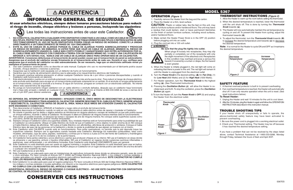Conserver ces instructions, Información general de seguridad, Model 5367 | Safety feature, Trouble shooting tips, Operation, Caution, Thermostat instructions | Lasko 5367 User Manual | Page 3 / 4