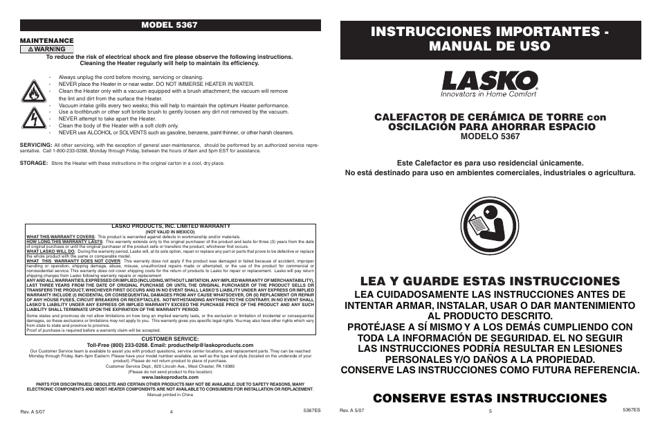 Instrucciones importantes - manual de uso, Lea y guarde estas instrucciones, Conserve estas instrucciones | Modelo 5367, Model 5367 | Lasko 5367 User Manual | Page 4 / 4