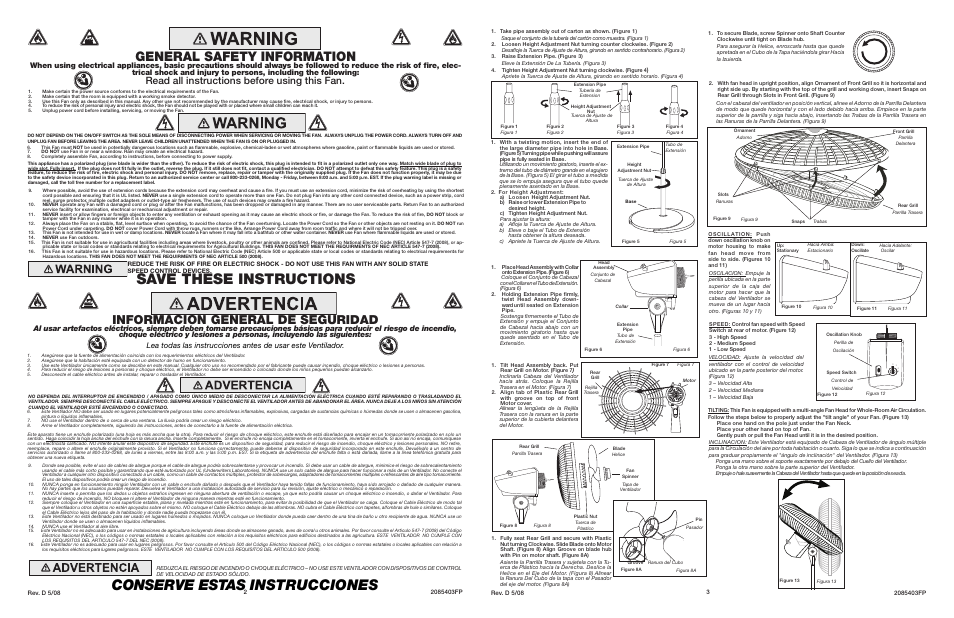 Conserve estas instrucciones, Save these instructions, General safety information | Información general de seguridad, Read all instructions before using this fan | Lasko 2527 User Manual | Page 2 / 2