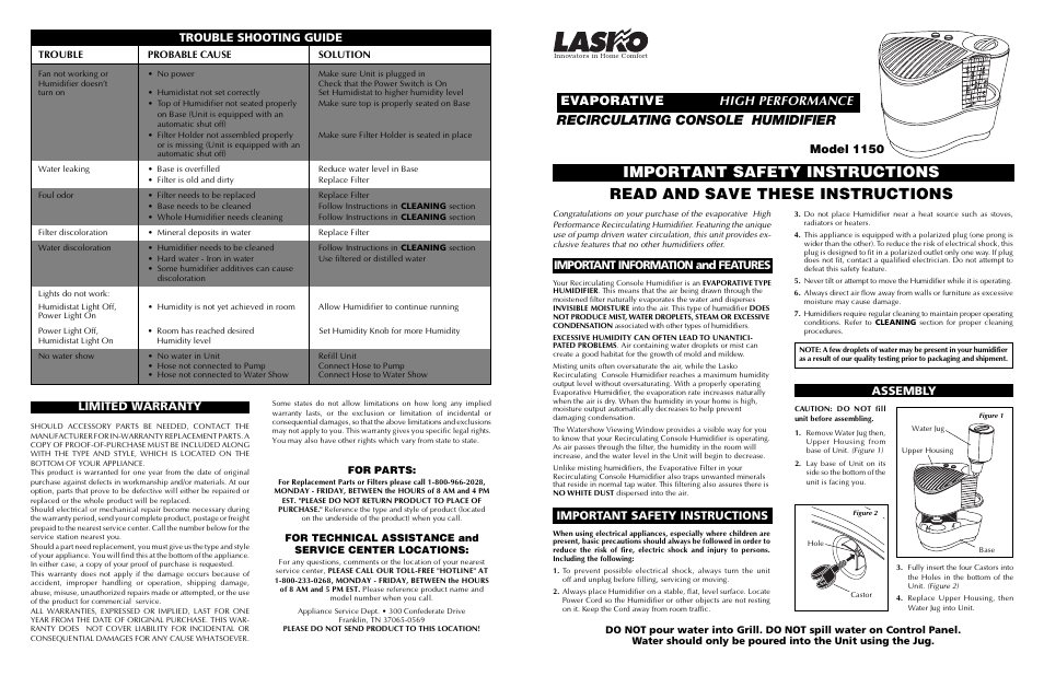 Lasko 1150 User Manual | 2 pages