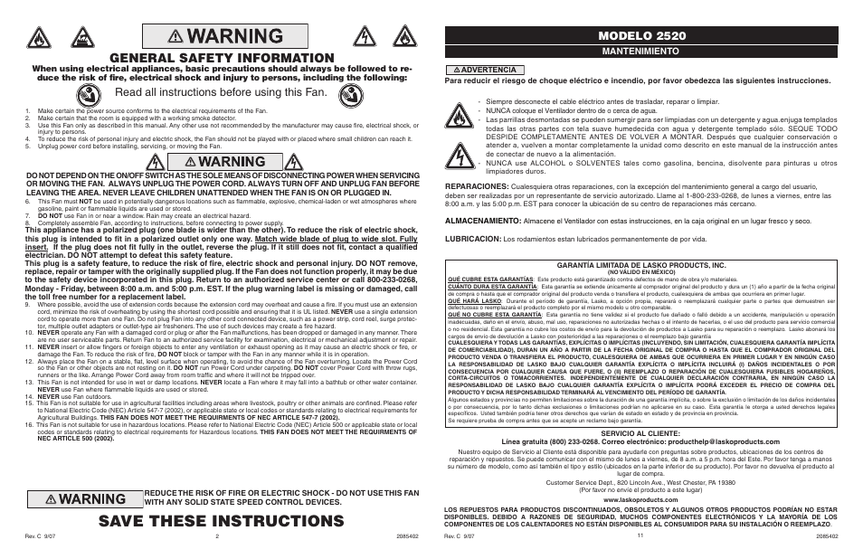 Save these instructions, General safety information, Read all instructions before using this fan | Modelo 2520, Model 5132, Mantenimiento | Lasko 2520 User Manual | Page 2 / 6