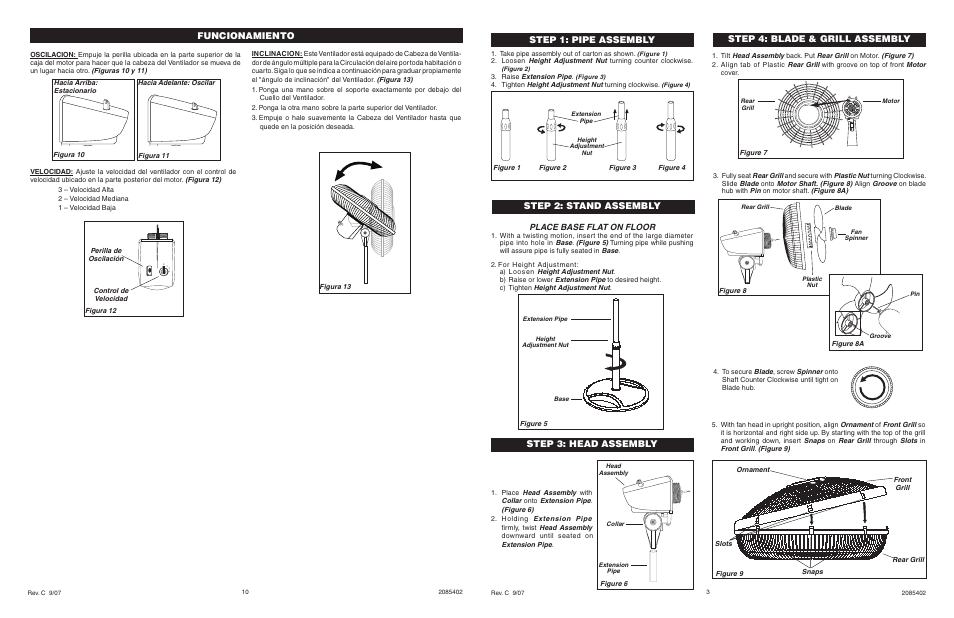 Step 1: pipe assembly step 2: stand assembly, Step 4: blade & grill assembly, Step 3: head assembly | Funcionamiento, Place base flat on floor | Lasko 2520 User Manual | Page 3 / 6