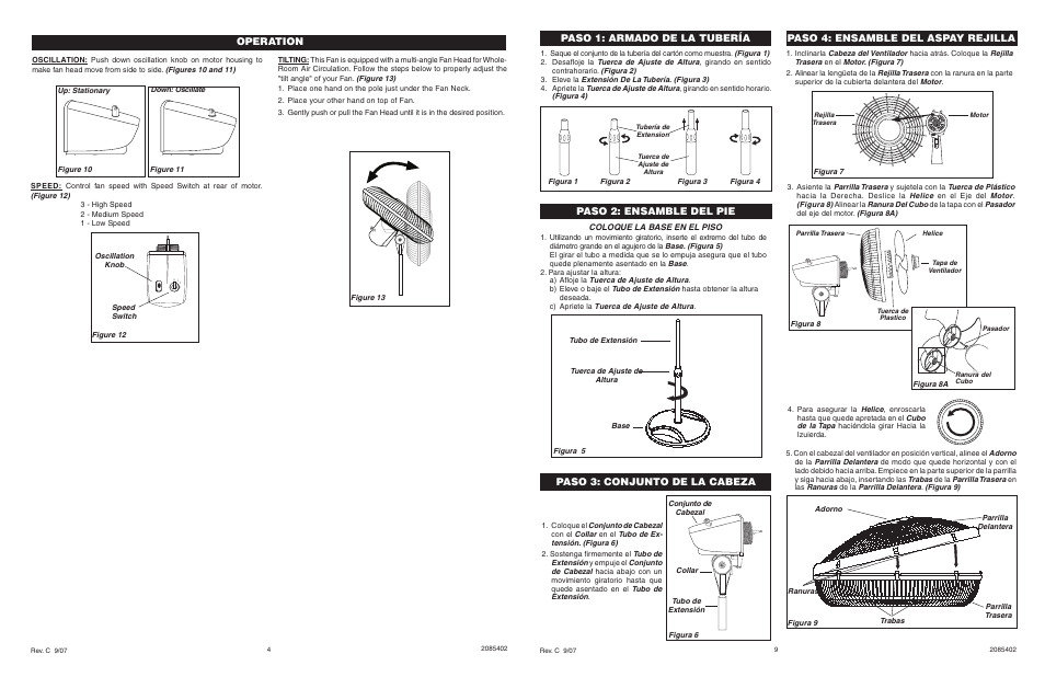 Operation, Paso 3: conjunto de la cabeza, Paso 1: armado de la tubería | Lasko 2520 User Manual | Page 4 / 6