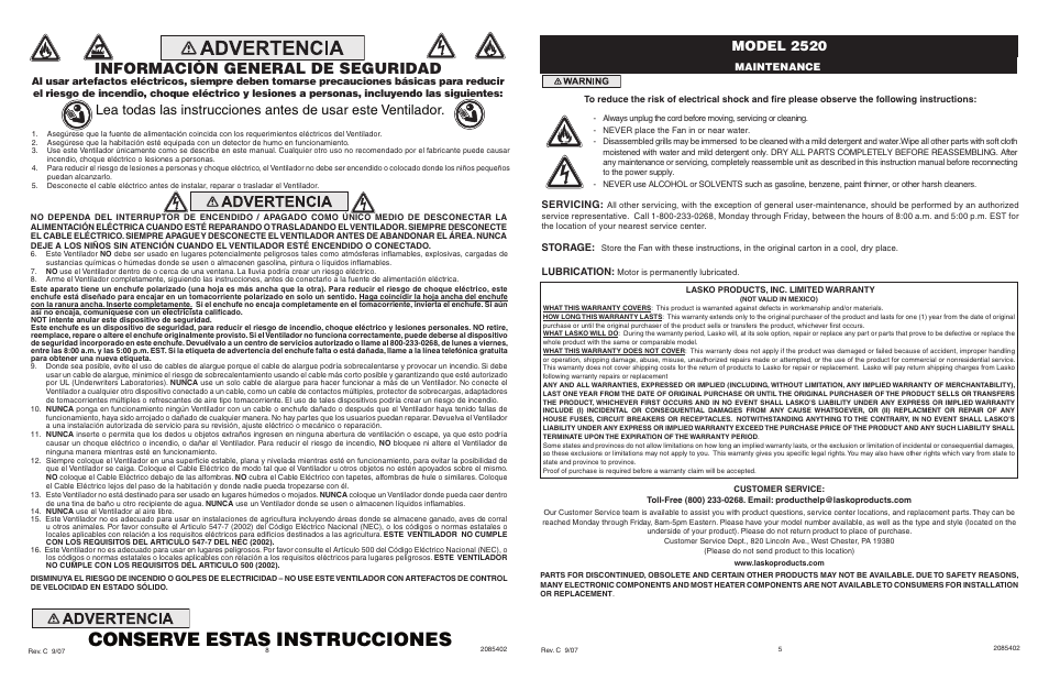 Conserve estas instrucciones, Información general de seguridad, Model 2520 | Servicing, Storage, Lubrication, Maintenance | Lasko 2520 User Manual | Page 5 / 6