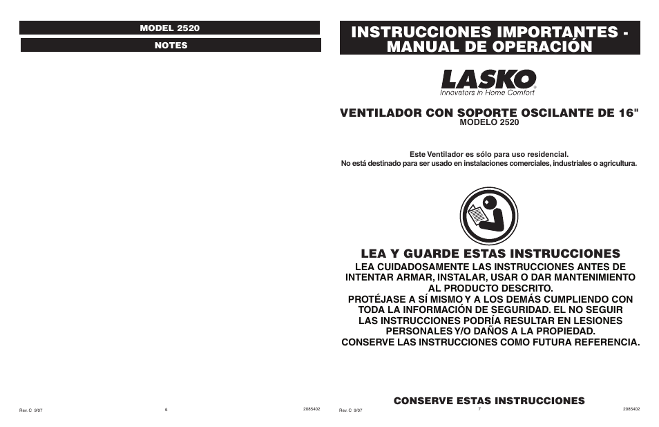 Instrucciones importantes - manual de operación, Lea y guarde estas instrucciones, Ventilador con soporte oscilante de 16 | Lasko 2520 User Manual | Page 6 / 6