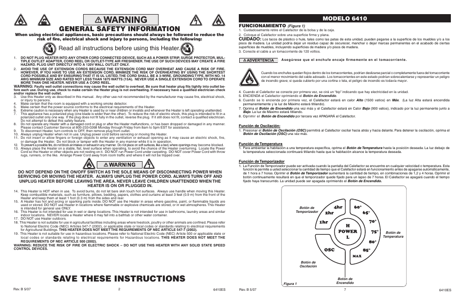 Save these instructions, General safety information, Read all instructions before using this heater | Modelo 6410, Funcionamiento, Cuidado | Lasko 6410 User Manual | Page 2 / 4