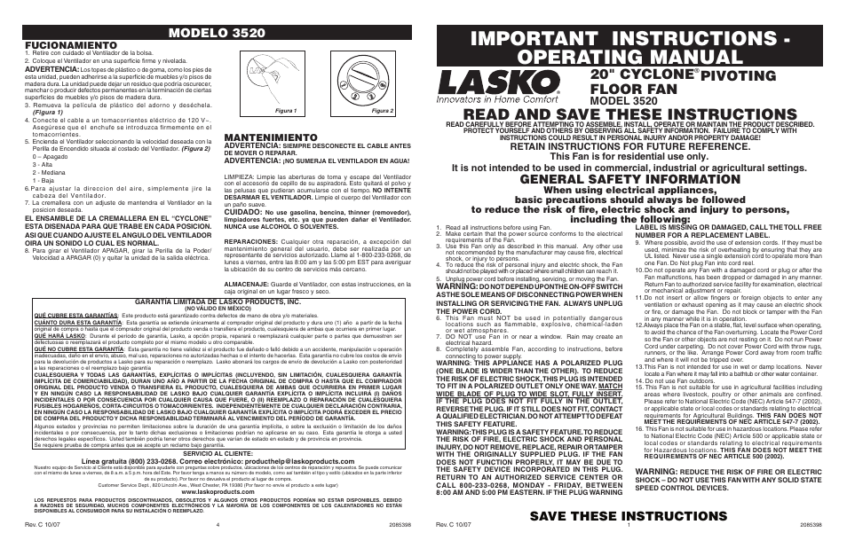 Lasko 3520 User Manual | 2 pages