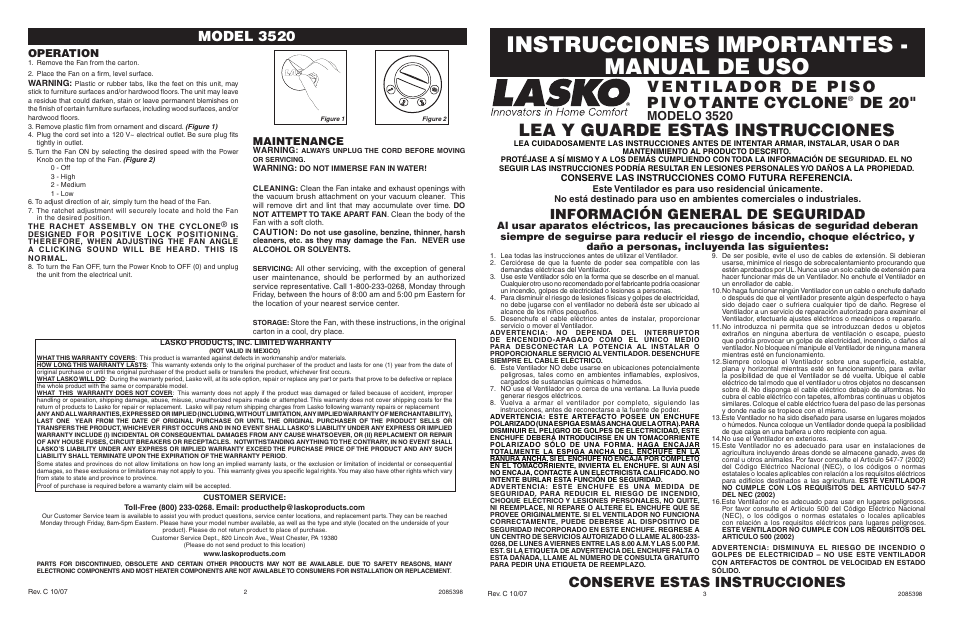Instrucciones importantes - manual de uso, Lea y guarde estas instrucciones, De 20 | Información general de seguridad, Conserve estas instrucciones, Model 3520, Modelo 3520, Operation, Maintenance, Conserve las instrucciones como futura referencia | Lasko 3520 User Manual | Page 2 / 2