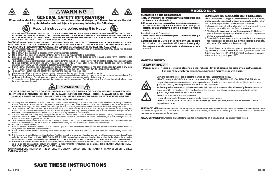Save these instructions, General safety information, Read all instructions before using this heater | Modelo 5395, Mantenimiento, Consejos de solución de problemas, Elementos de seguridad | Lasko 5395 User Manual | Page 2 / 6