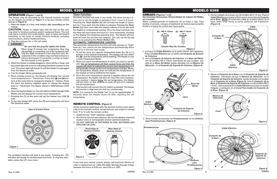 Model 5395, Modelo 5395, Operation | Caution, Remote control, Armado | Lasko 5395 User Manual | Page 4 / 6