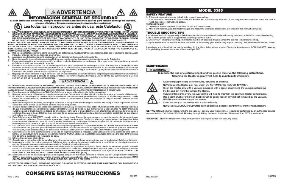 Conserve estas instrucciones, Información general de seguridad, Model 5395 | Maintenance, Safety feature, Trouble shooting tips | Lasko 5395 User Manual | Page 5 / 6