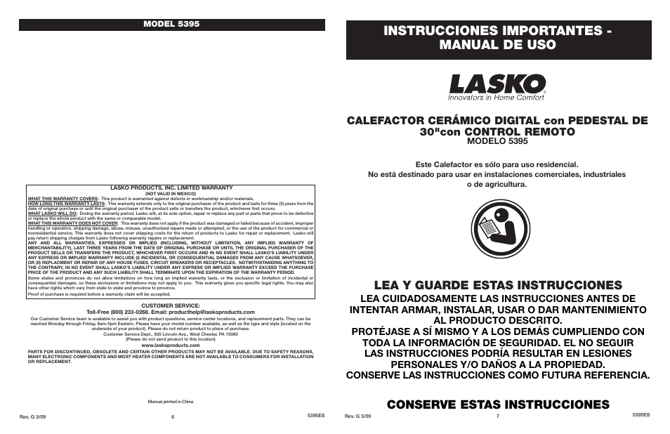Instrucciones importantes - manual de uso, Lea y guarde estas instrucciones, Conserve estas instrucciones | Modelo 5395, Model 5395 | Lasko 5395 User Manual | Page 6 / 6