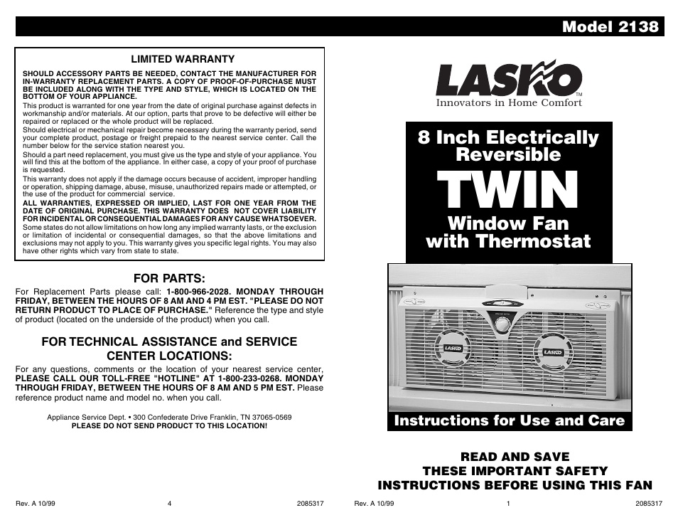 Lasko 2138 User Manual | 2 pages