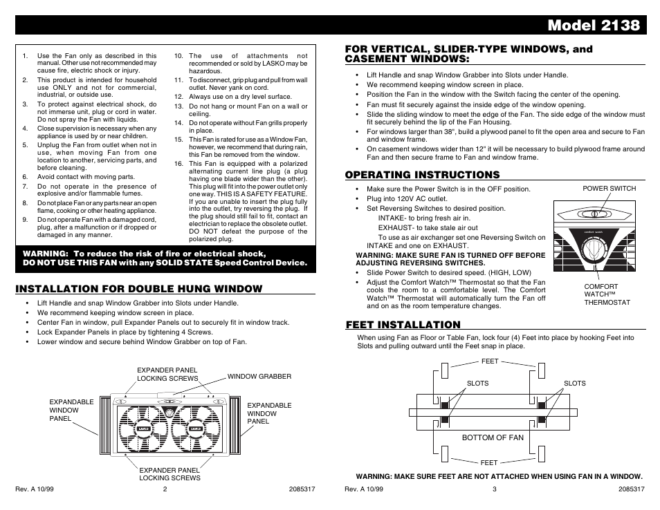 Model 2138, Comfort watch, Installation for double hung window | Feet installation | Lasko 2138 User Manual | Page 2 / 2