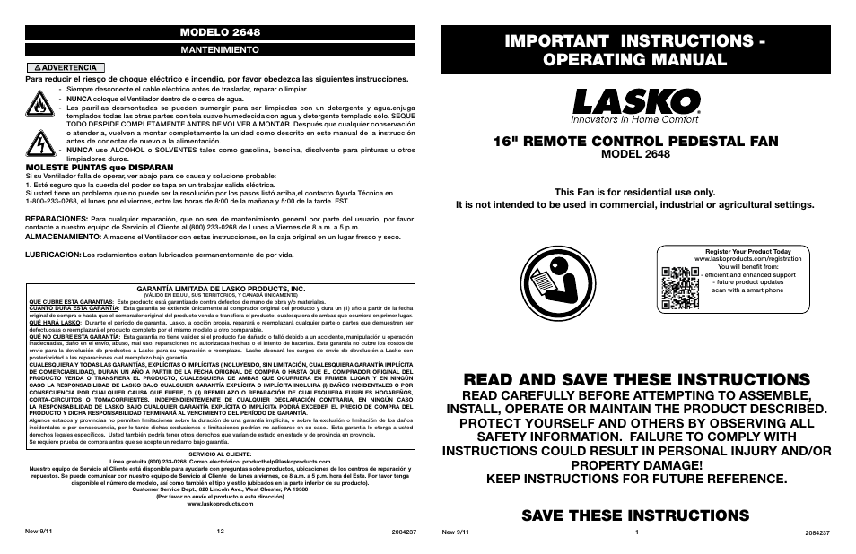 Lasko 2648 User Manual | 6 pages