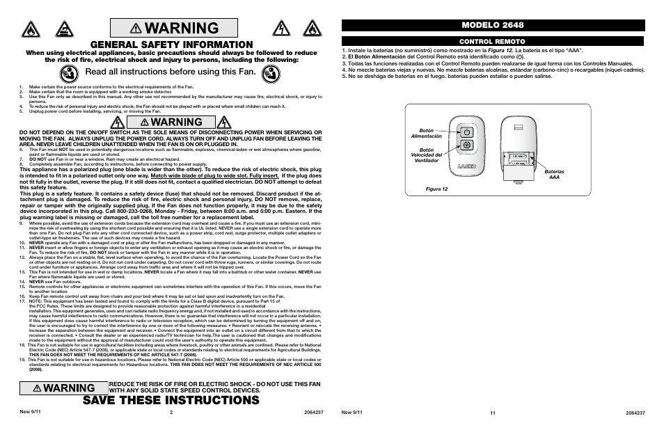 Save these instructions, General safety information, Read all instructions before using this fan | Modelo 2648, Model 5132, Control remoto | Lasko 2648 User Manual | Page 2 / 6