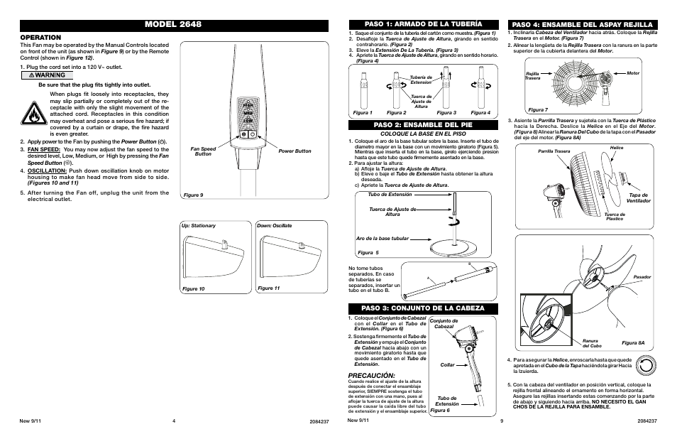 Model 2648, Operation, Paso 3: conjunto de la cabeza | Paso 1: armado de la tubería, Precaución | Lasko 2648 User Manual | Page 4 / 6