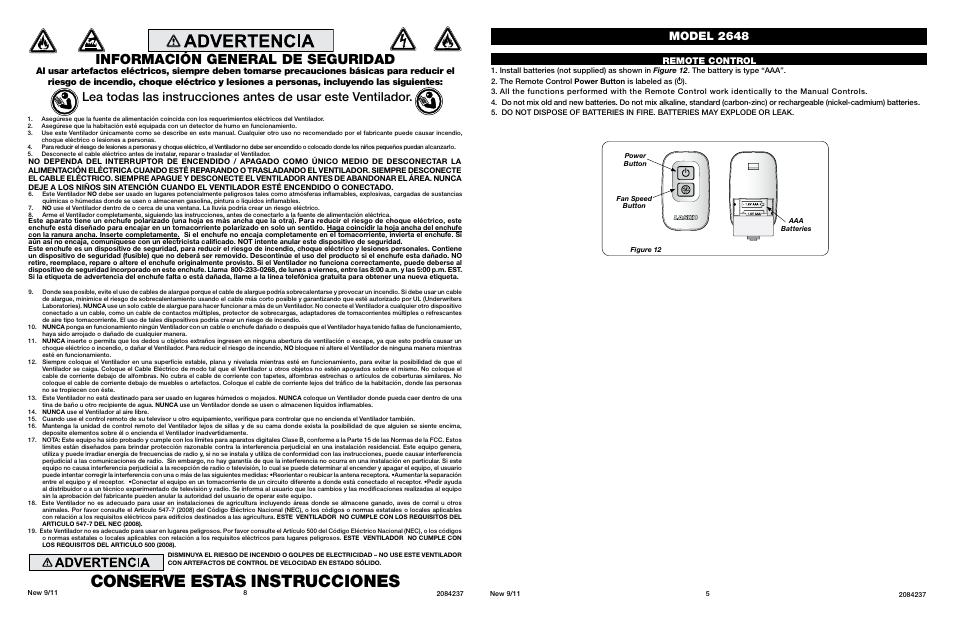 Conserve estas instrucciones, Información general de seguridad, Model 2648 | Remote control | Lasko 2648 User Manual | Page 5 / 6