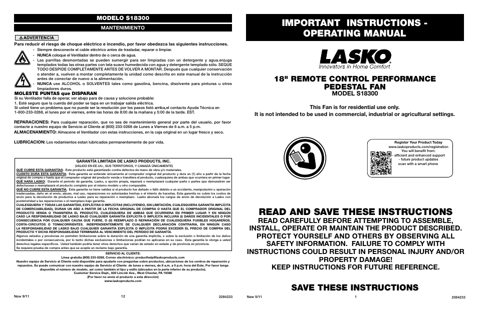Lasko S18300 User Manual | 6 pages