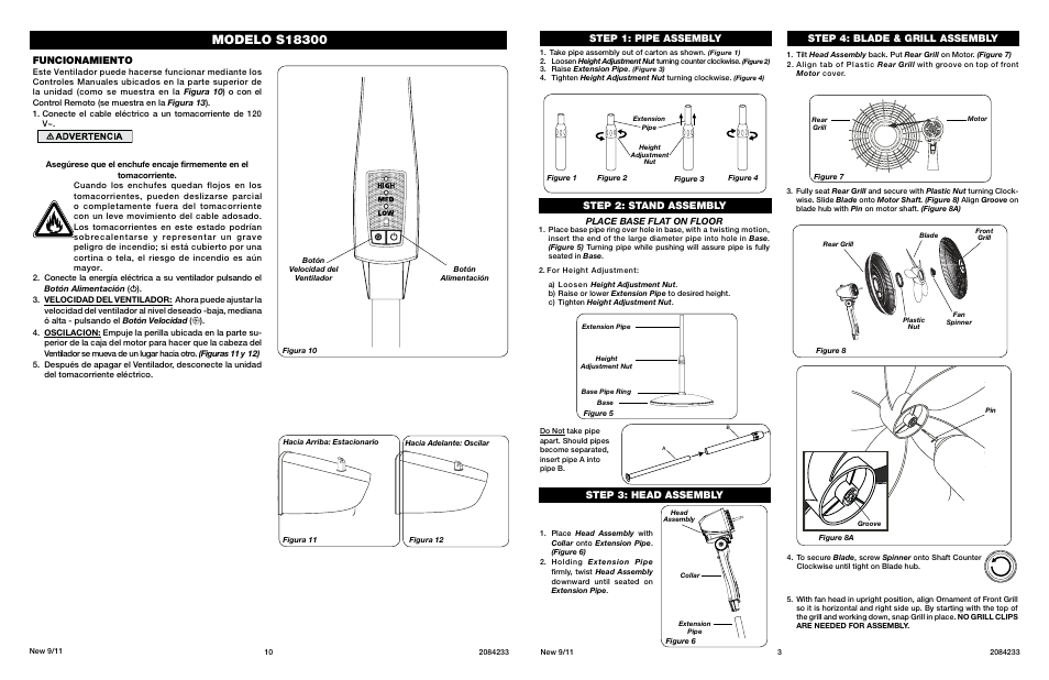 Funcionamiento, Step 1: pipe assembly step 2: stand assembly, Step 4: blade & grill assembly | Step 3: head assembly | Lasko S18300 User Manual | Page 3 / 6