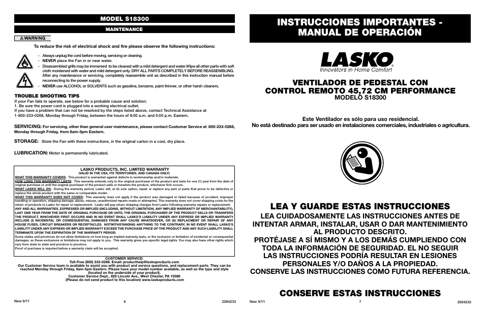 Instrucciones importantes - manual de operación, Lea y guarde estas instrucciones, Conserve estas instrucciones | Lasko S18300 User Manual | Page 6 / 6