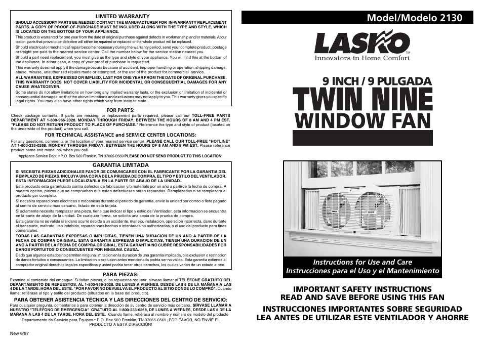 Lasko 2130 User Manual | 2 pages