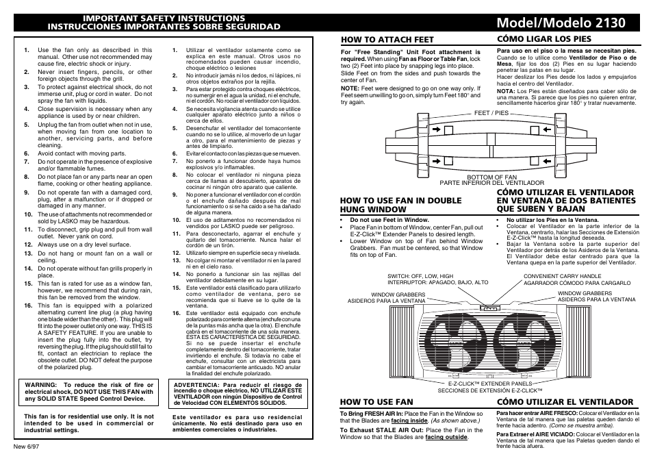 Model/modelo 2130, How to use fan in double hung window, How to use fan | How to attach feet, Cómo utilizar el ventilador | Lasko 2130 User Manual | Page 2 / 2