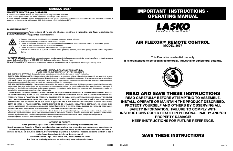 Lasko AIR FLEXOR 3637 User Manual | 4 pages