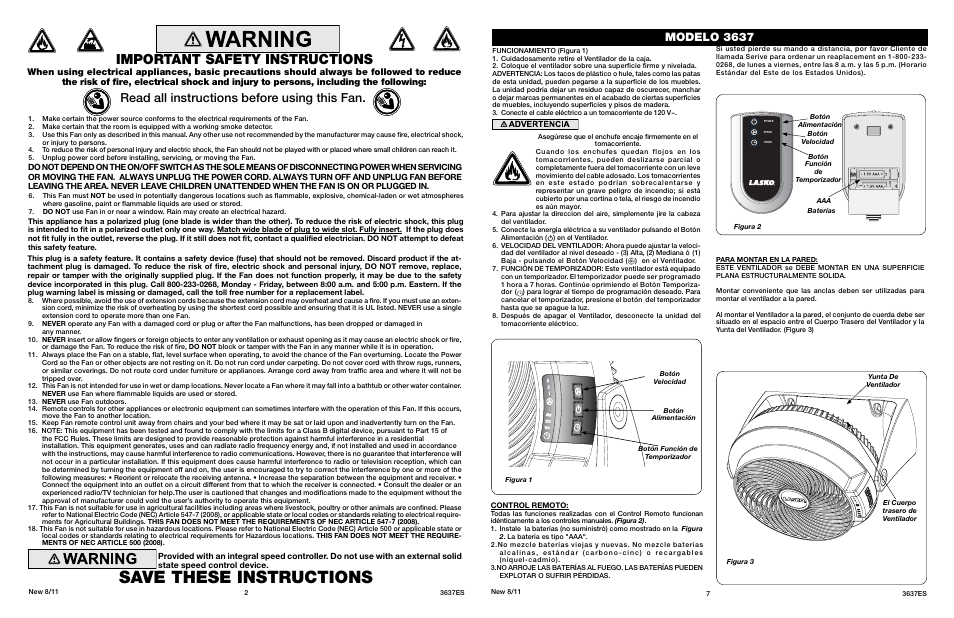 Save these instructions, Important safety instructions, Read all instructions before using this fan | Modelo 3637, Model 5132 | Lasko AIR FLEXOR 3637 User Manual | Page 2 / 4
