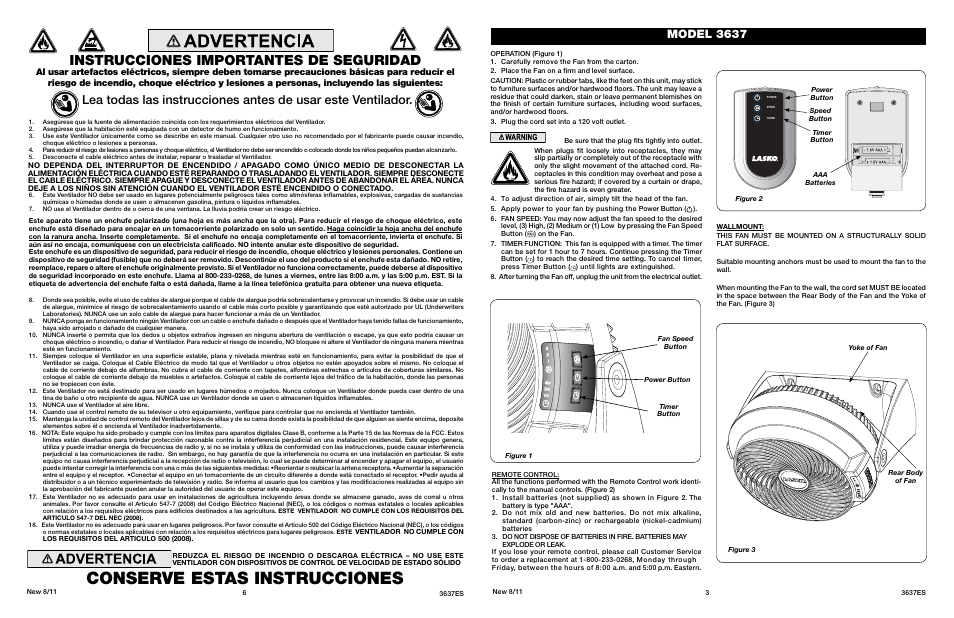 Conserve estas instrucciones, Instrucciones importantes de seguridad, Model 3637 | Lasko AIR FLEXOR 3637 User Manual | Page 3 / 4