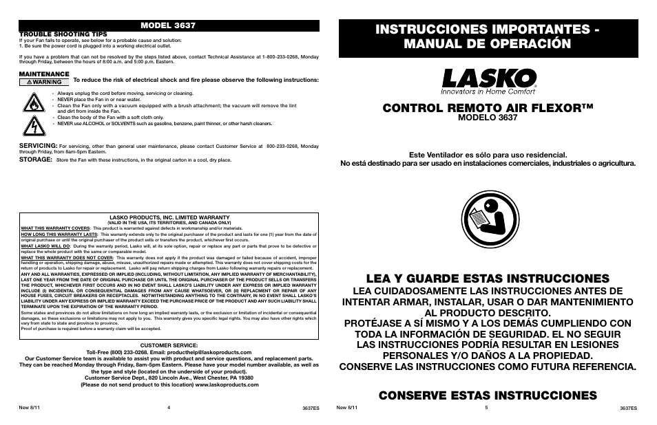 Instrucciones importantes - manual de operación, Lea y guarde estas instrucciones, Conserve estas instrucciones | Control remoto air flexor, Modelo 3637, Model 3637 | Lasko AIR FLEXOR 3637 User Manual | Page 4 / 4