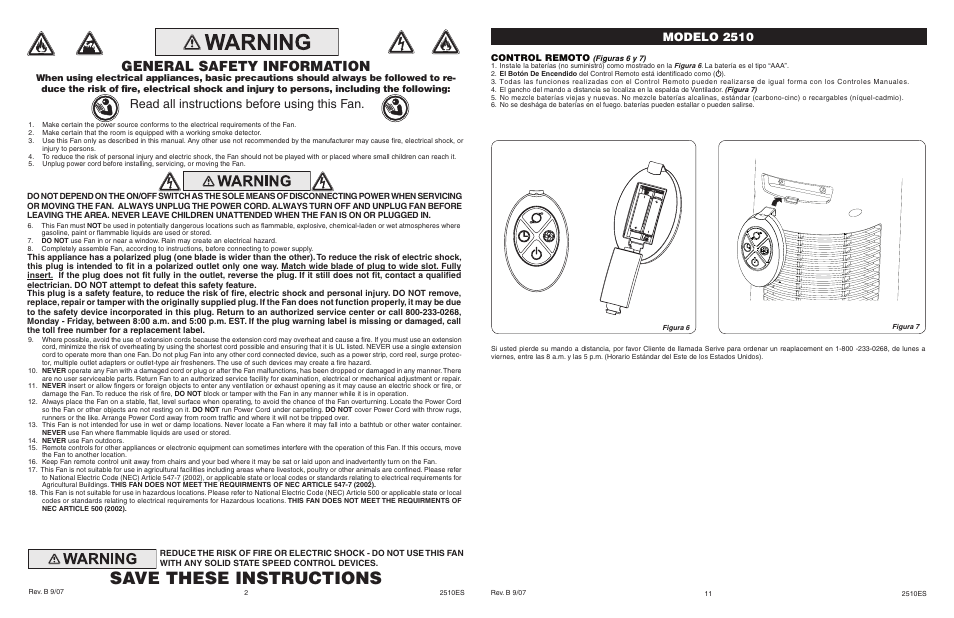 Save these instructions, General safety information, Read all instructions before using this fan | Modelo 2510, Control remoto | Lasko 2510 User Manual | Page 2 / 6