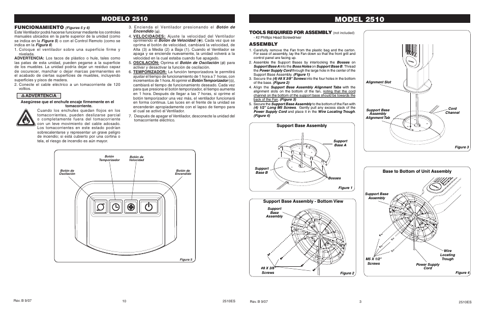 Model 2510, Modelo 2510, Funcionamiento | Assembly, Tools required for assembly | Lasko 2510 User Manual | Page 3 / 6